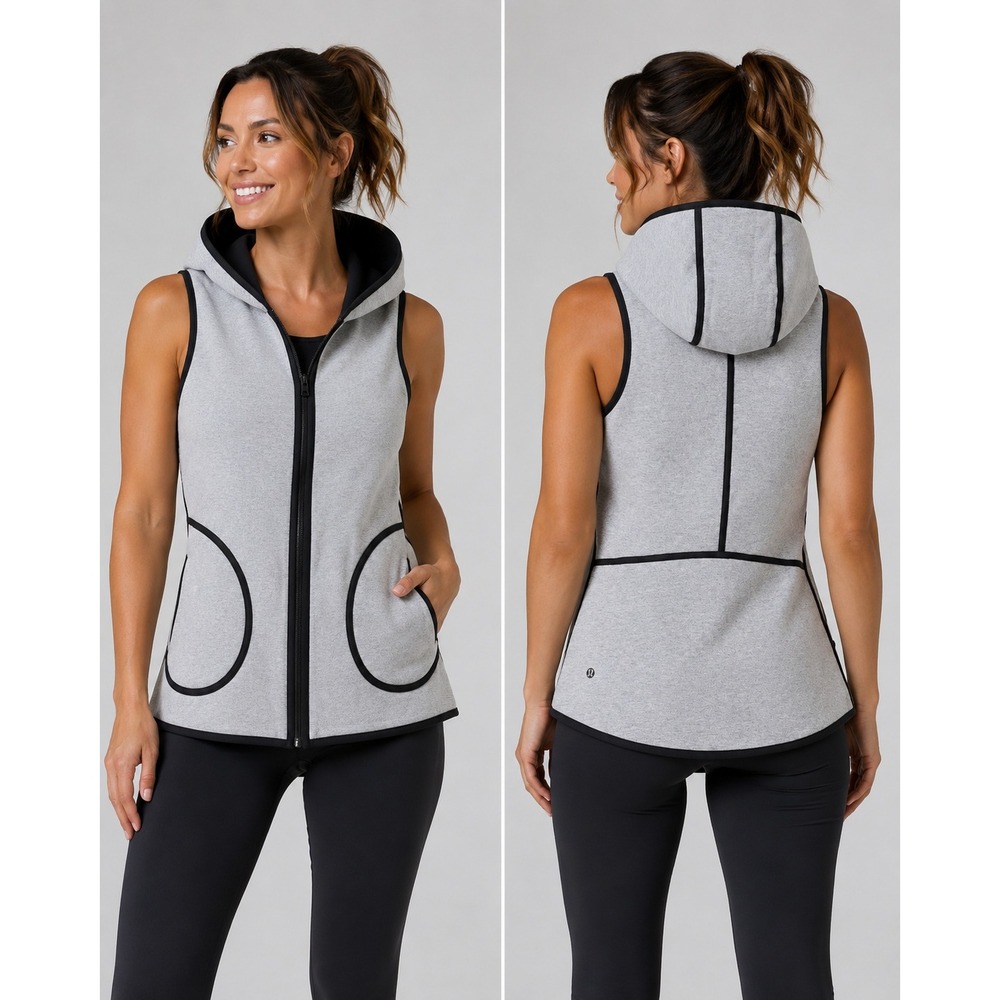 Lululemon Hooded Vest Womens 4 Heathered Gray Black Reversable Full Zip